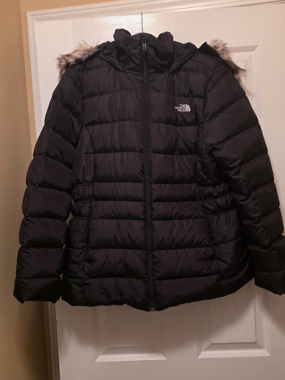 The North Face Women's Black Quilted Puffer Jacket with Faux Fur Trim Hood
